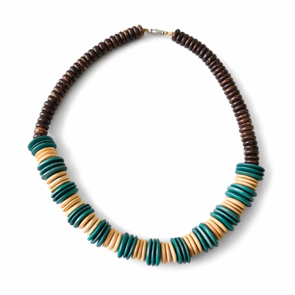 Vintage Chunky Wooden Turquoise Cream Brown Flat Beads Necklace Boho
